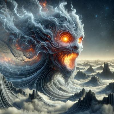 The primary subject of the image is a large, intricate, and somewhat demonic-looking creature with a face and a mouth. The creature is surrounded by a cloudy, swirling, and chaotic environment, which adds to the overall mood of the image. The visual style of the image is digital art, as it appears to be a computer-generated or digitally manipulated creation. The dominant colors in the image are dark, swirling, and cloudy, which contribute to the eerie and mysterious atmosphere.